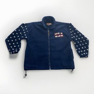VTG Bear Ridge Outfitters USA Fleece Jacket Adult L USA Made Stars Big Flag 90s
